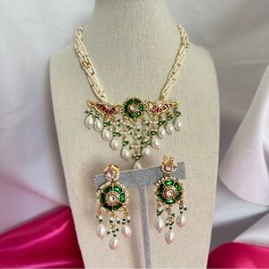 Green Enamel and Pearl Floral Necklace Set - Women Jewelry